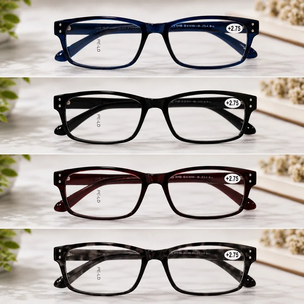Reading Glasses 4 Pack +2.75 Rectangular Frames Burgundy Blue Brown Torty-shell
